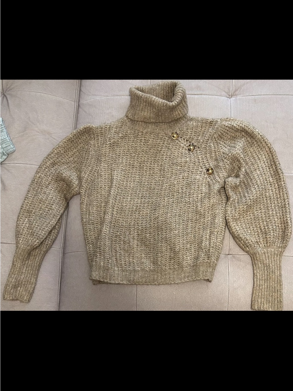 Molly Bracken Beige Button-Shoulder Turtleneck Sweater